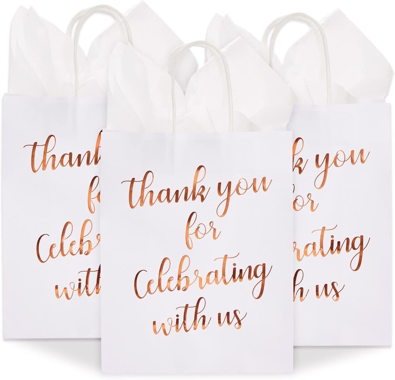 15-Pack Rose Gold Wedding Welcome Bags – Medium 10x8x4 in Foil Paper Gift Bags with Handles, Tissue Paper & Party Favor Set for Bridal Showers, Weddings & Thank You Gifts